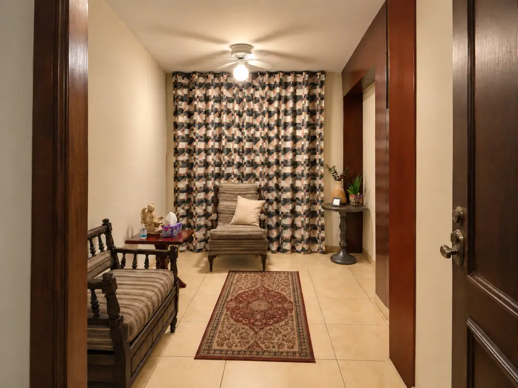Consultorio de Contacto con asientos de madera tapizados, mesas auxiliares, cortinas estampadas y una alfombra central.