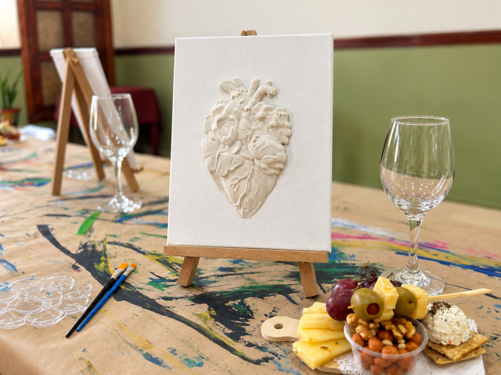 Corazón anatómico blanco en relieve sobre un lienzo en caballete, acompañado de pinceles y una paleta en una mesa de trabajo.