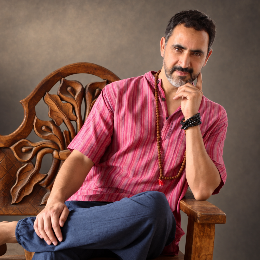 Retrato de Francisco Javier Gallegos Marín, sentado en una silla de madera, con camisa rosa y una mano apoyada en el rostro.