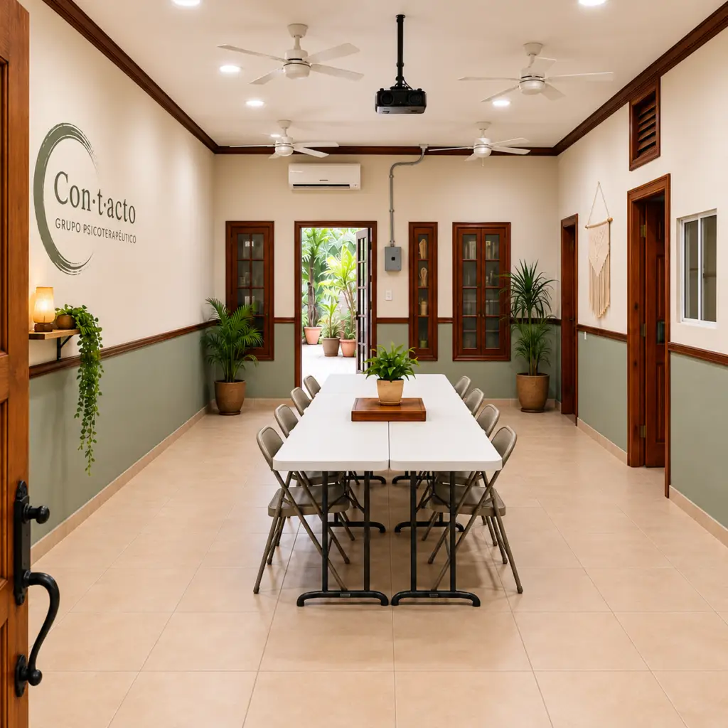 Salón de Contacto con mesas blancas, sillas, plantas y el logotipo del grupo en la pared.