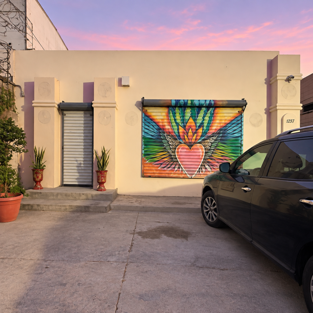 Fachada de Contacto con entrada entre macetas y un mural de un corazón con alas sobre la cortina metálica.