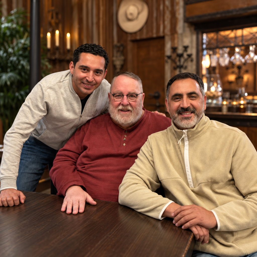 Federico Muñoz Perdomo, Jon Jensen y Francisco Javier Gallegos Marín sonriendo juntos junto a una mesa de madera.