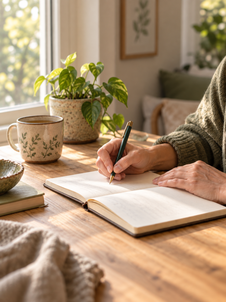 Persona escribiendo en una libreta sobre una mesa de madera, junto a una taza y una planta.