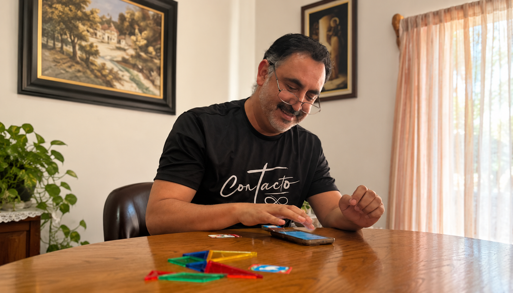 Paco, con camiseta de Contacto, sentado frente a una mesa con materiales creativos.