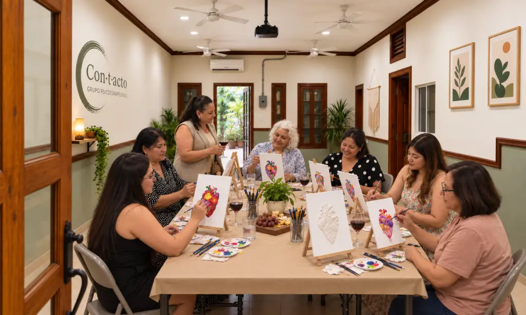 Mujeres reunidas alrededor de una mesa, pintando corazones en lienzos durante un taller creativo en el salón de Contacto.